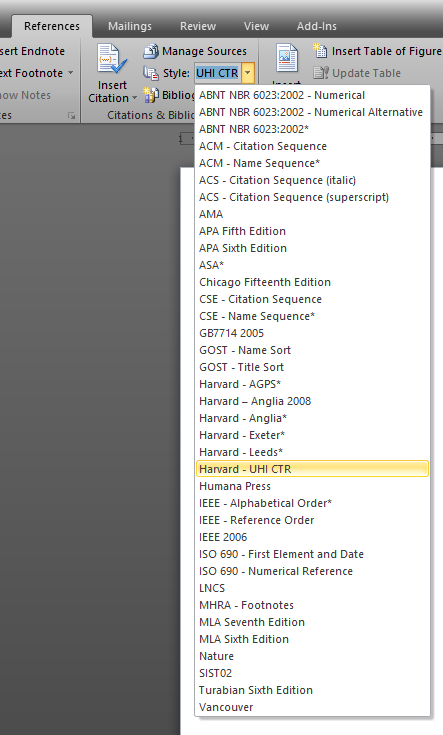 Citation tool in Microsoft Word with the full BibWorld installation, including UHI CTR style.